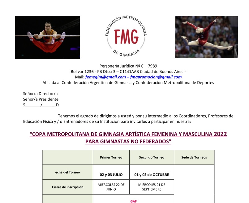 Invitación “Copa Metropolitana de GAF y GAM 2022 para gimnastas no federados”